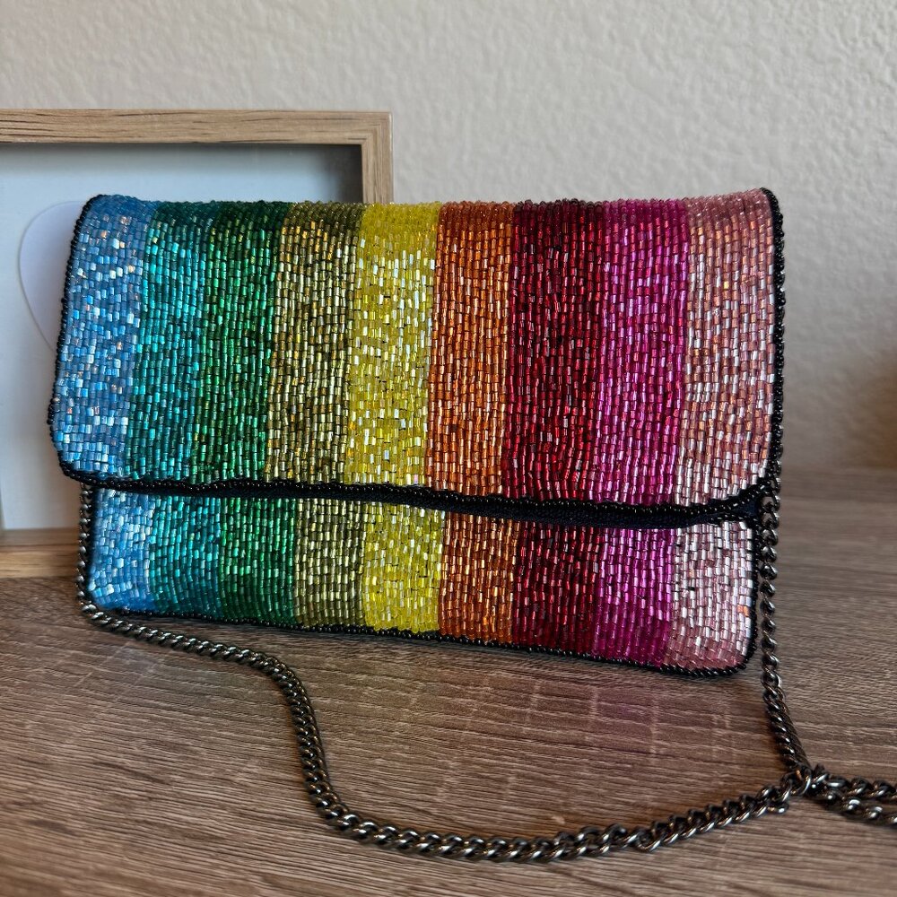 Rainbow / Multi-Color Hand Beaded Clutch with Chain Strap | 5"x7"